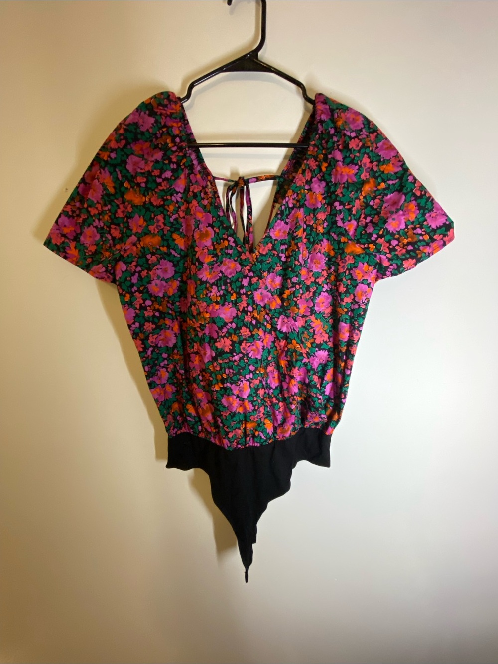 eesome Floral V-Neck Tie-Back Bodysuit in Pink, Green & Black